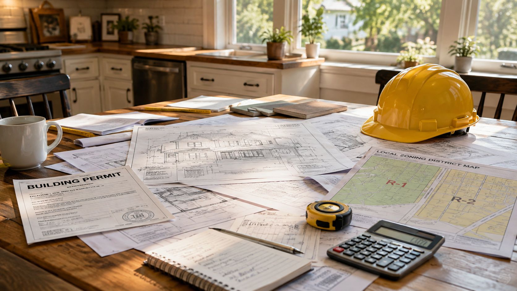 Et arbejdsbord med byggetegninger, en gul hjelm, en lommeregner og en byggetilladelse til et nyt projekt.