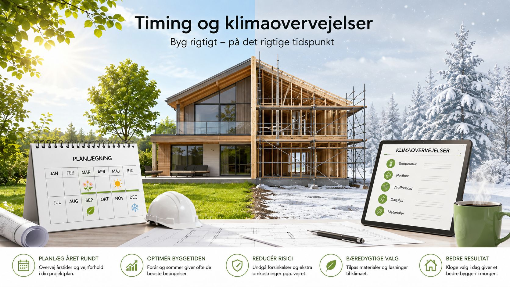 En illustration af et hus under opførelse, der viser betydningen af planlægning og klimaforhold ved byggeri.