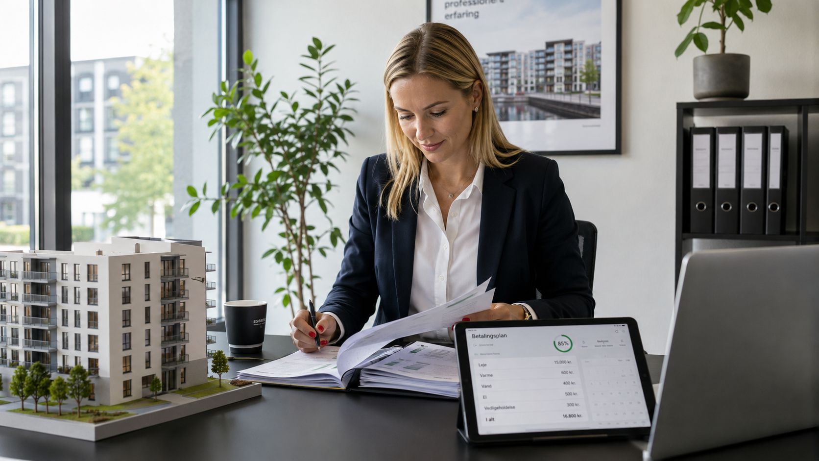 En professionel ejendomsadministrator arbejder ved et skrivebord med en bygningsmodel, dokumenter og en tablet med betalingsdata.