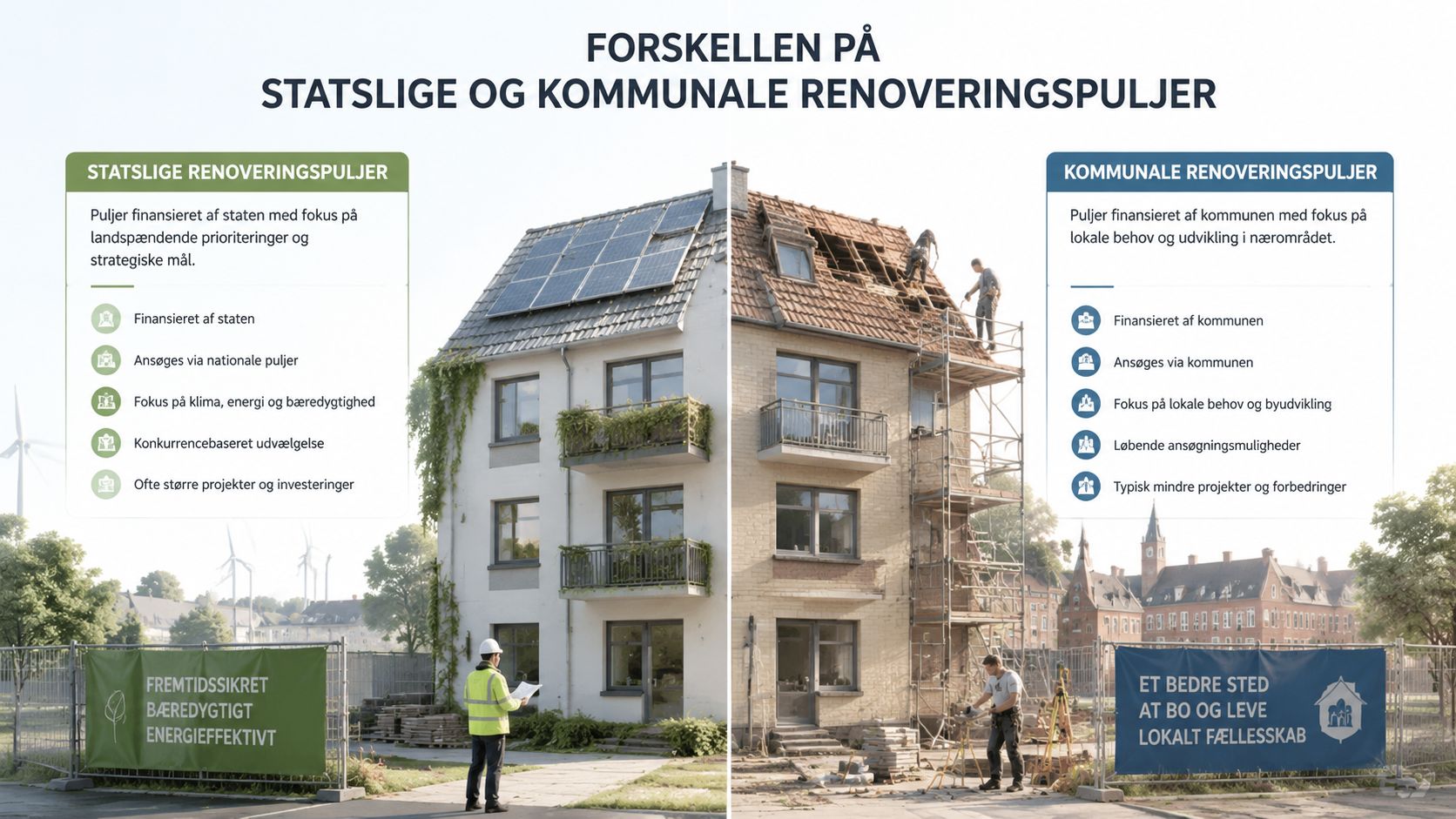 En sammenligningsgrafik der viser forskellen på statslige og kommunale puljer til renovering af boliger og byggeri.