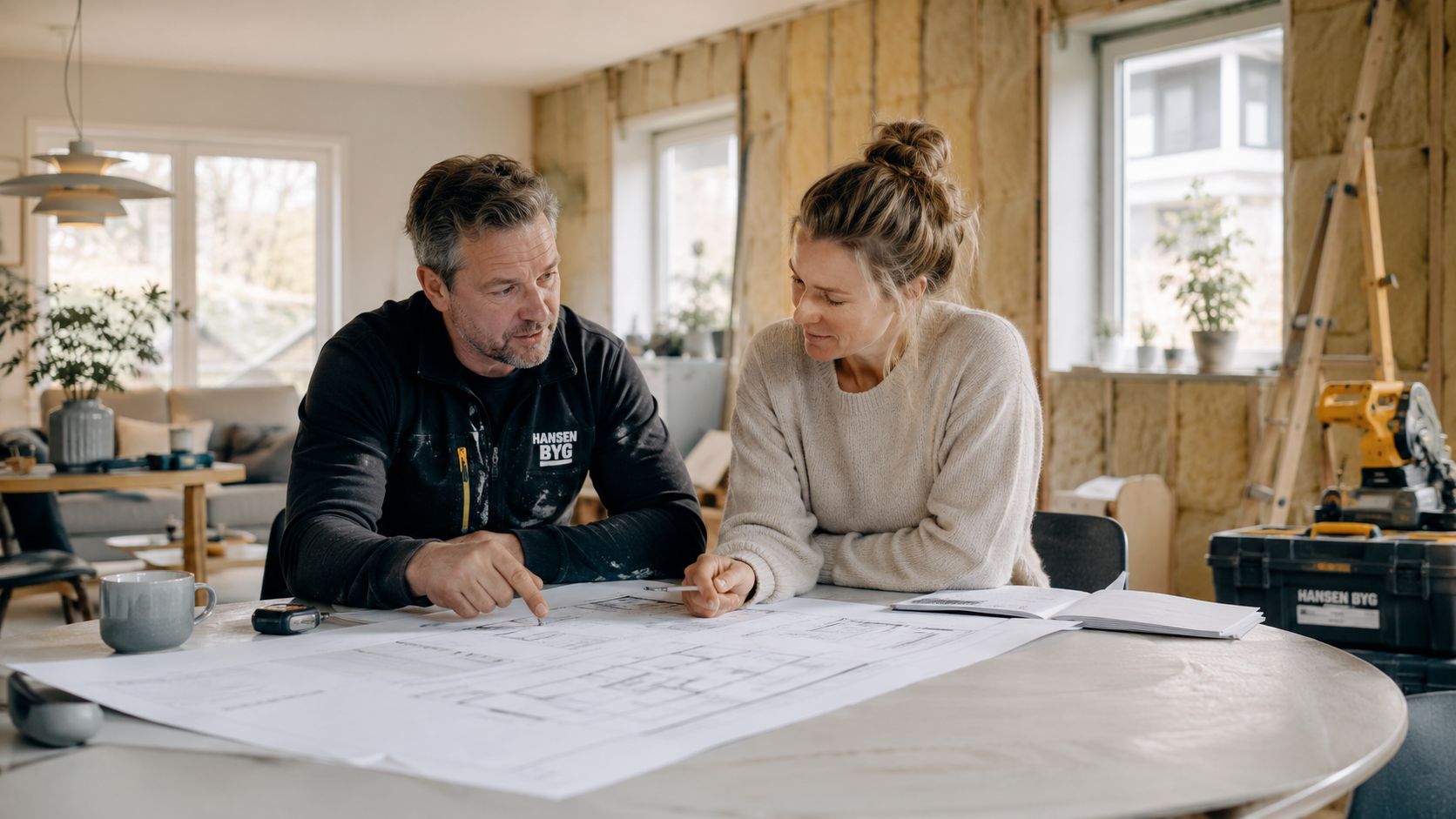 En håndværker og en kvinde gennemgår plantegninger til en boligrenovering ved et rundt bord i et hus.