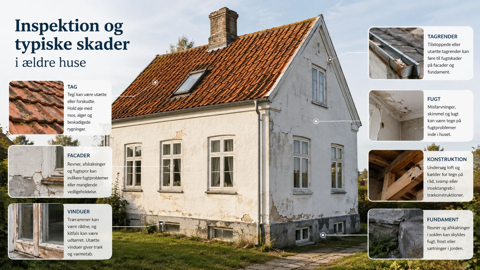 En infografik der viser typiske skader på ældre huse, herunder problemer med tag, facade, vinduer og fundament.
