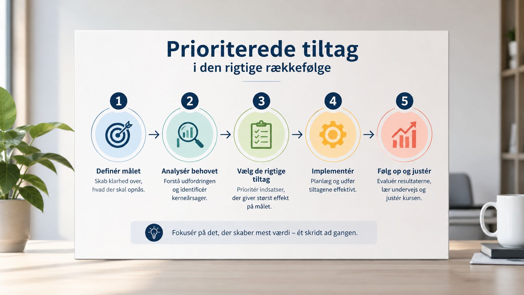 En infografik der viser fem prioriterede trin for effektiv processtyring og målrettet arbejde med forbedringer.