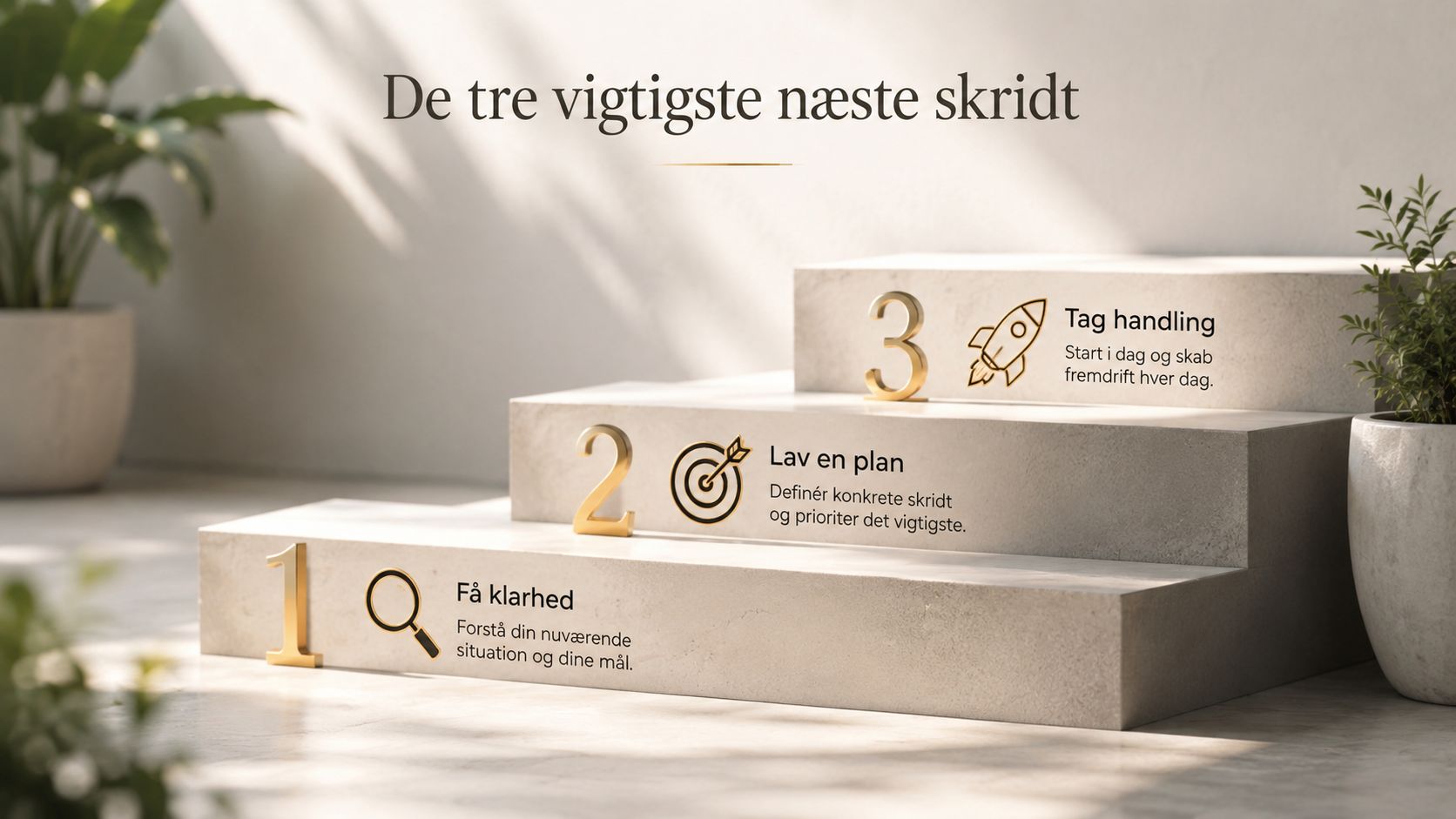 Grafisk oversigt over de tre vigtigste næste skridt med ikoner for klarhed, planlægning og handling.