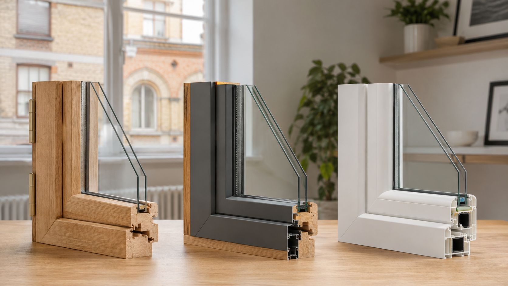Tre forskellige eksempler på vinduesrammer i træ, træ-aluminium og plast placeret side om side på et bord.