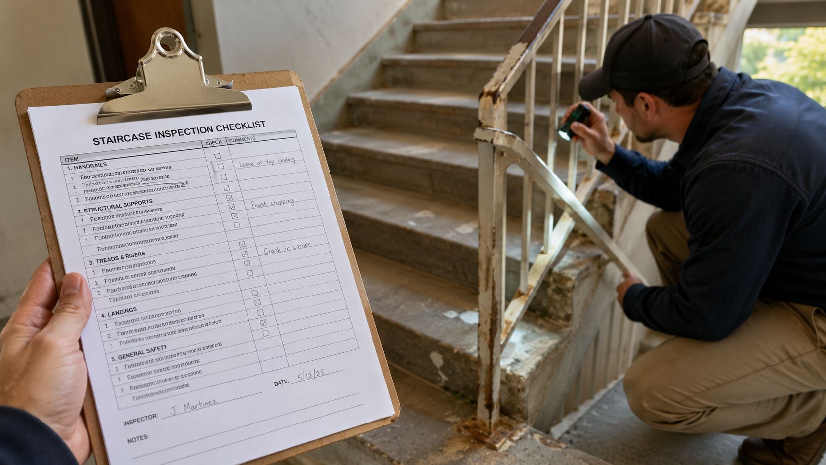 En inspektør undersøger en gammel trappe med en lommelygte, mens han udfylder en tjekliste for sikkerhedstjek.
