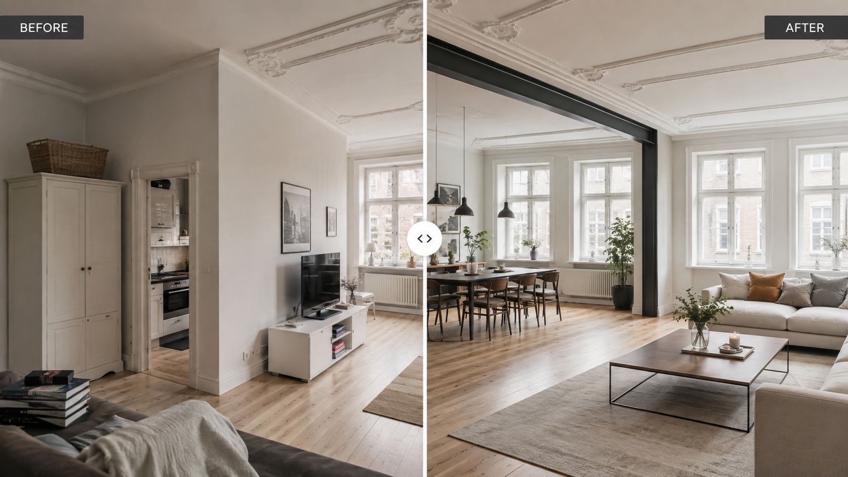 Før og efter billede af en boligrenovering, hvor en bærende væg er fjernet for et åbent rum.