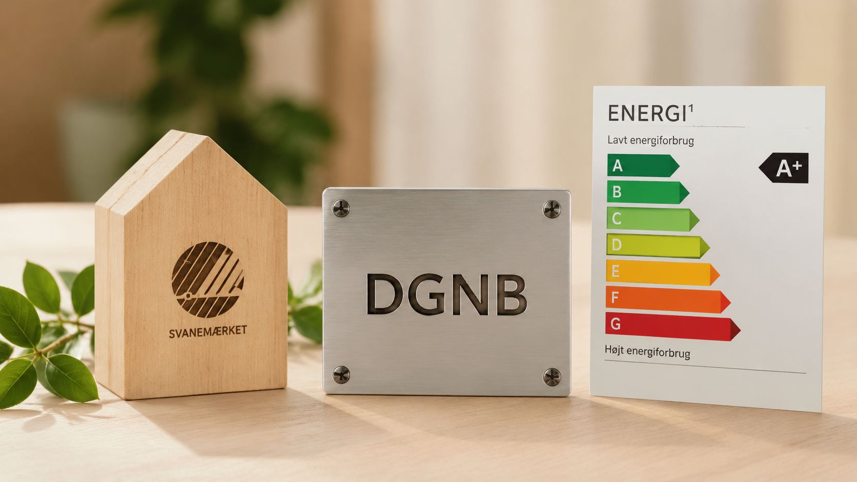 Et træhus med svanemærket, et DGNB-skilt og et energimærke A+ placeret på et træbord indendørs.