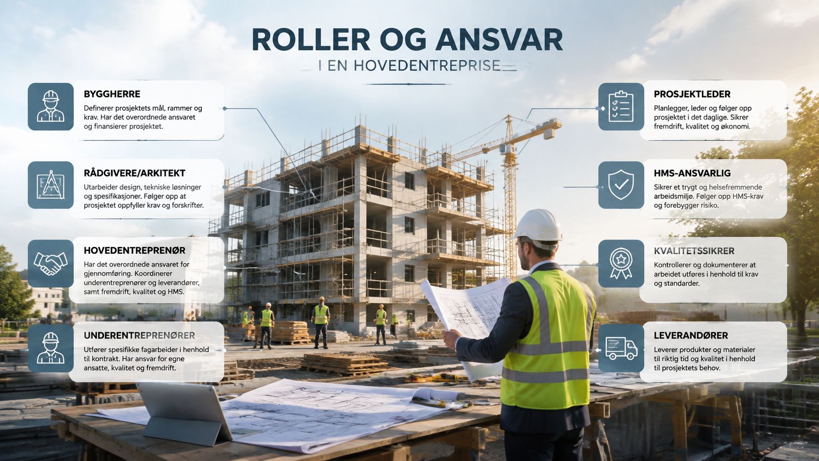 En oversigt over roller og ansvar i en hovedentreprise på en byggeplads med en byggeleder.