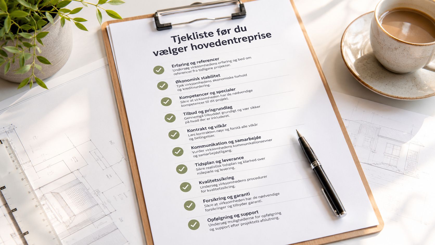 Tjekliste på en udklipsblok til valg af hovedentreprise med en pen og byggetegninger på et skrivebord.