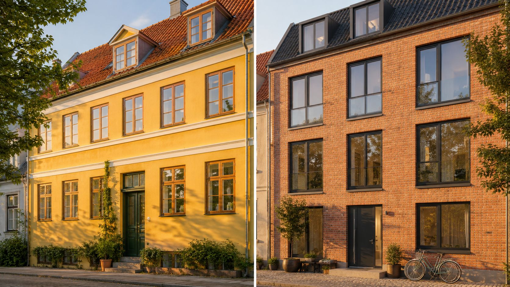 To huse ved siden af hinanden, et gult med klassiske vinduer og et moderne murstenshus med nye vinduer.