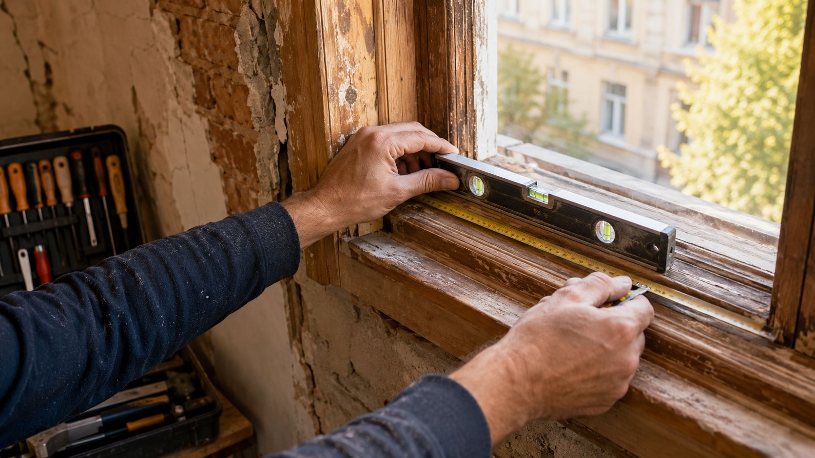 En håndværker måler og kontrollerer et gammelt vinduesramme-niveau under en grundig renovering af vinduer i en lejlighed.