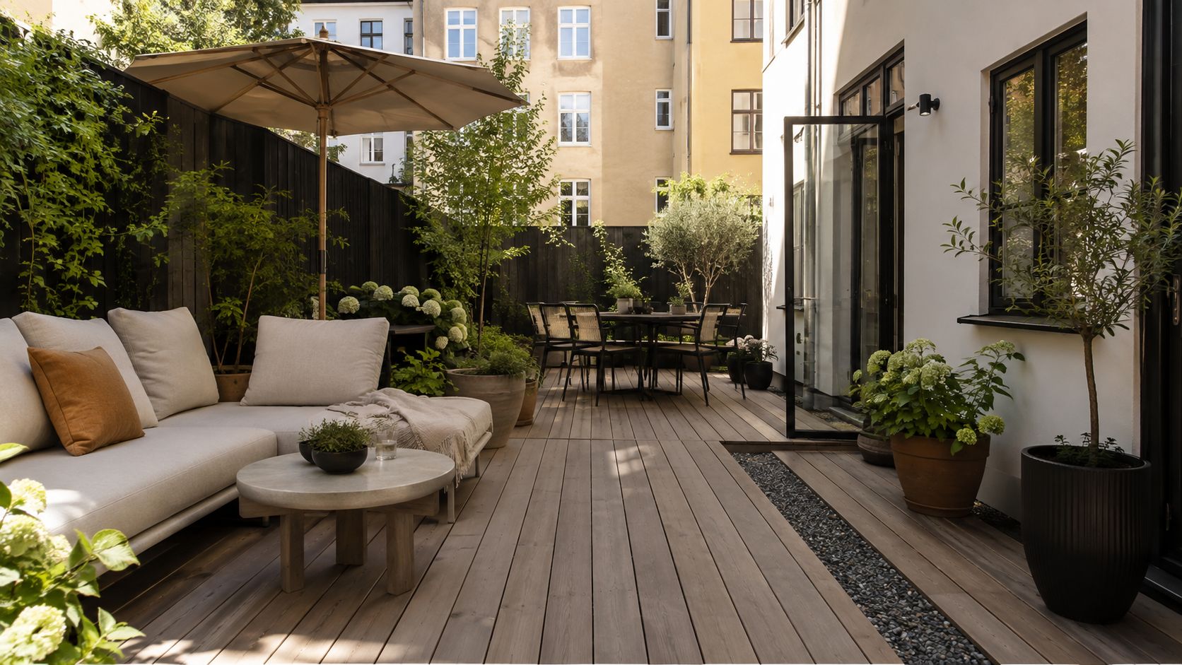 Hyggelig terrasse i træ med komfortable havemøbler, planter i krukker og en parasol i en baggård.