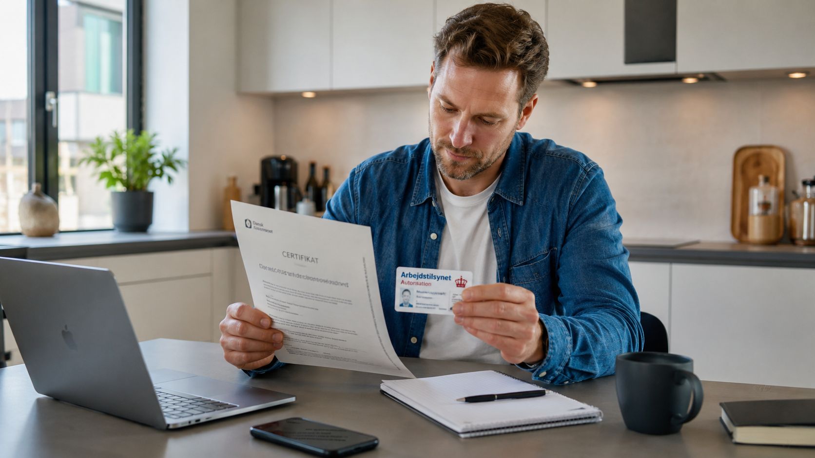 En mand sidder ved et bord og holder et certifikat samt et ID-kort for asbestarbejde i hænderne.