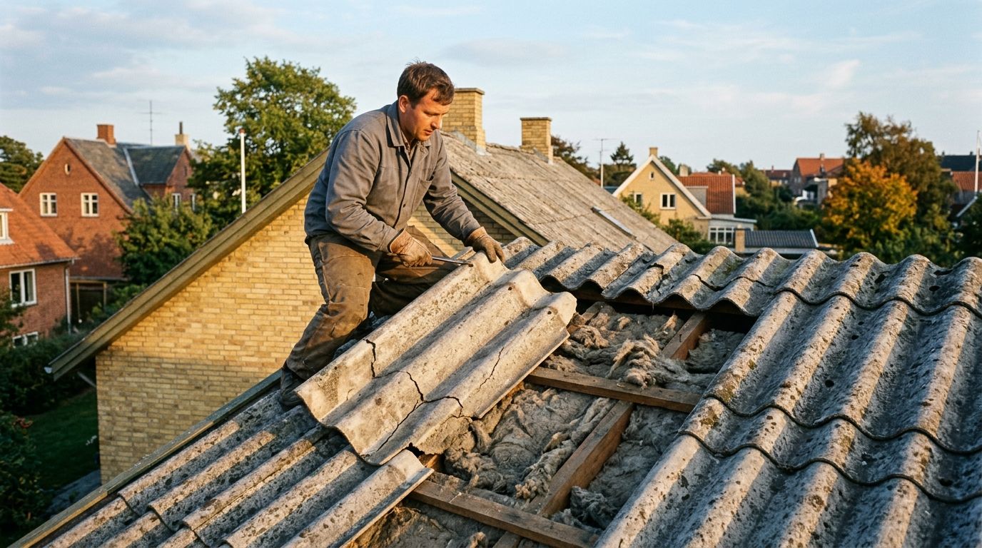 En håndværker fjerner forsigtigt gamle asbestholdige tagplader fra taget på en bolig med fokus på sikkerhed.
