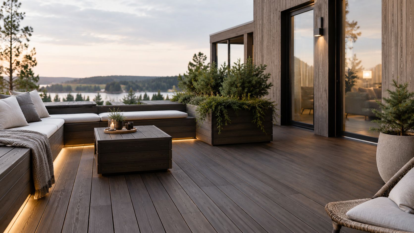 Moderne og luksuriøs træterrasse med behagelige siddepladser, stemningsfuld belysning og smuk udsigt over vandet ved solnedgang.