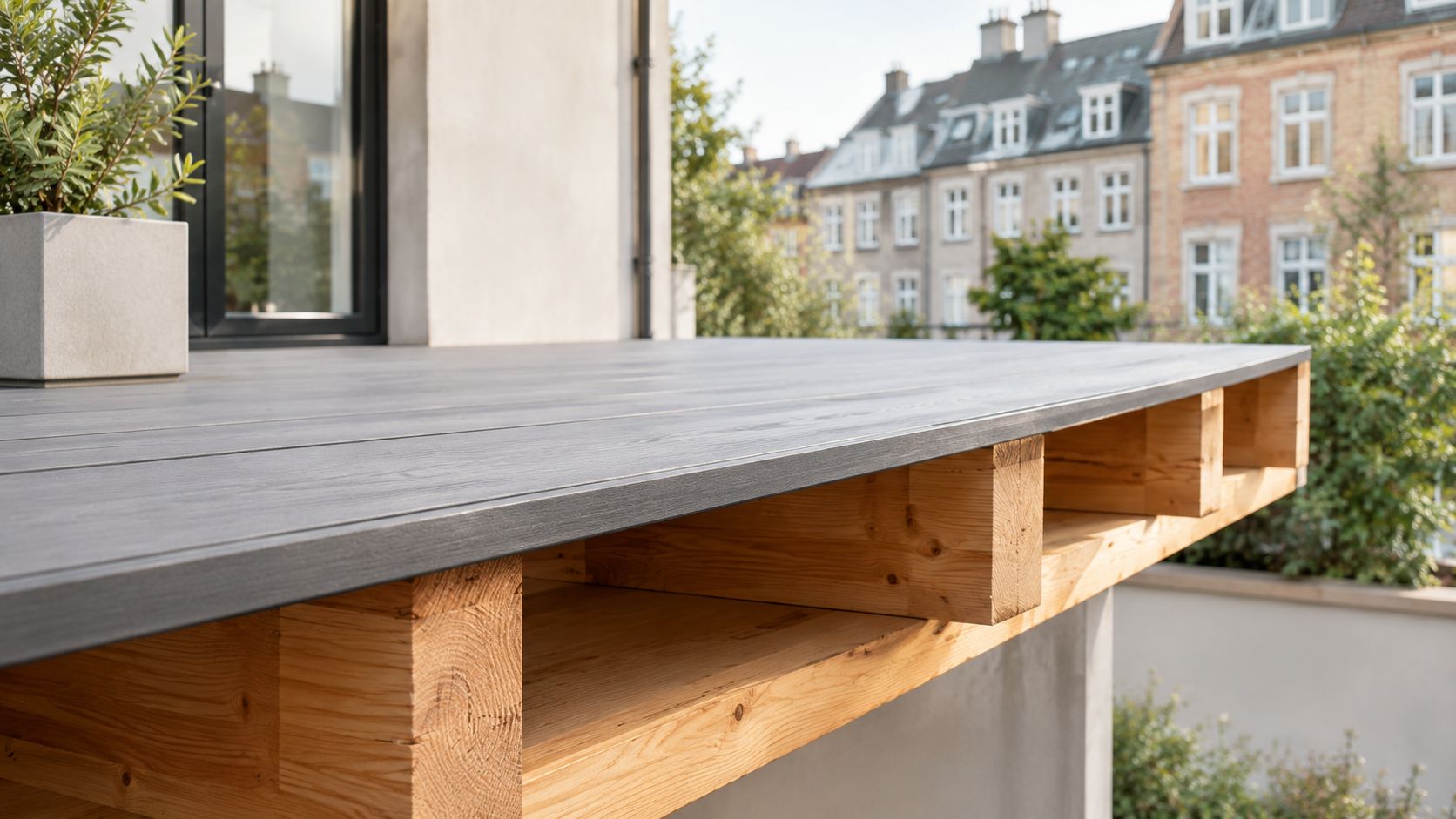 Nærbillede af en moderne grå træterrasse med synlige træbjælker og en krukkeplante ved et hus.