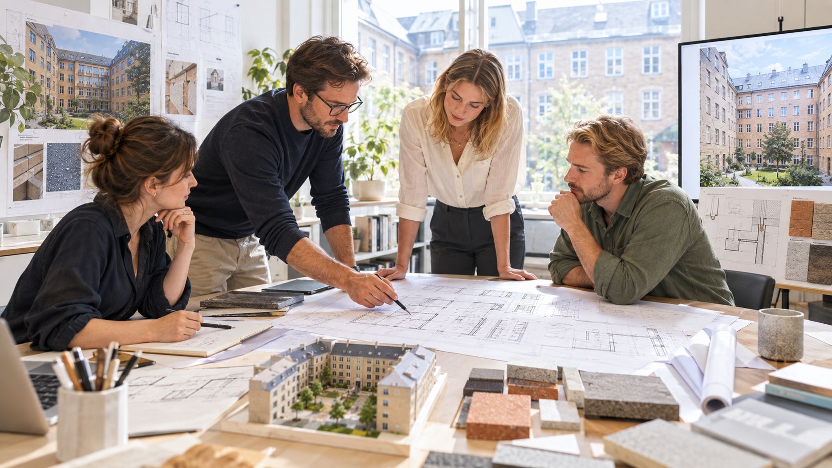 Et team af arkitekter samarbejder om et byggeprojekt med plantegninger og en model af en bygning.