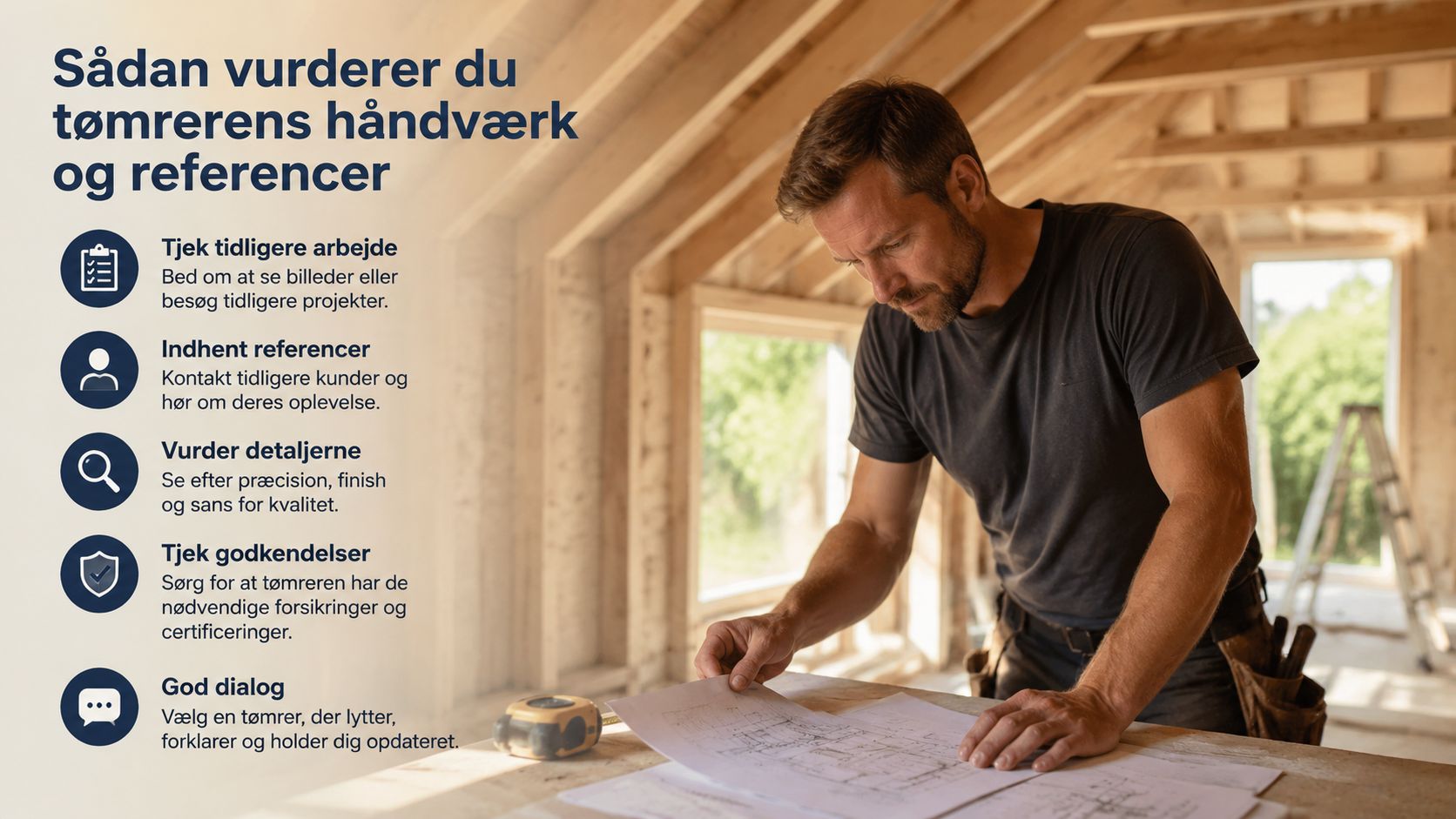 En tømrer gennemgår byggeplaner på en byggeplads, med en liste over gode råd til valg af håndværker.