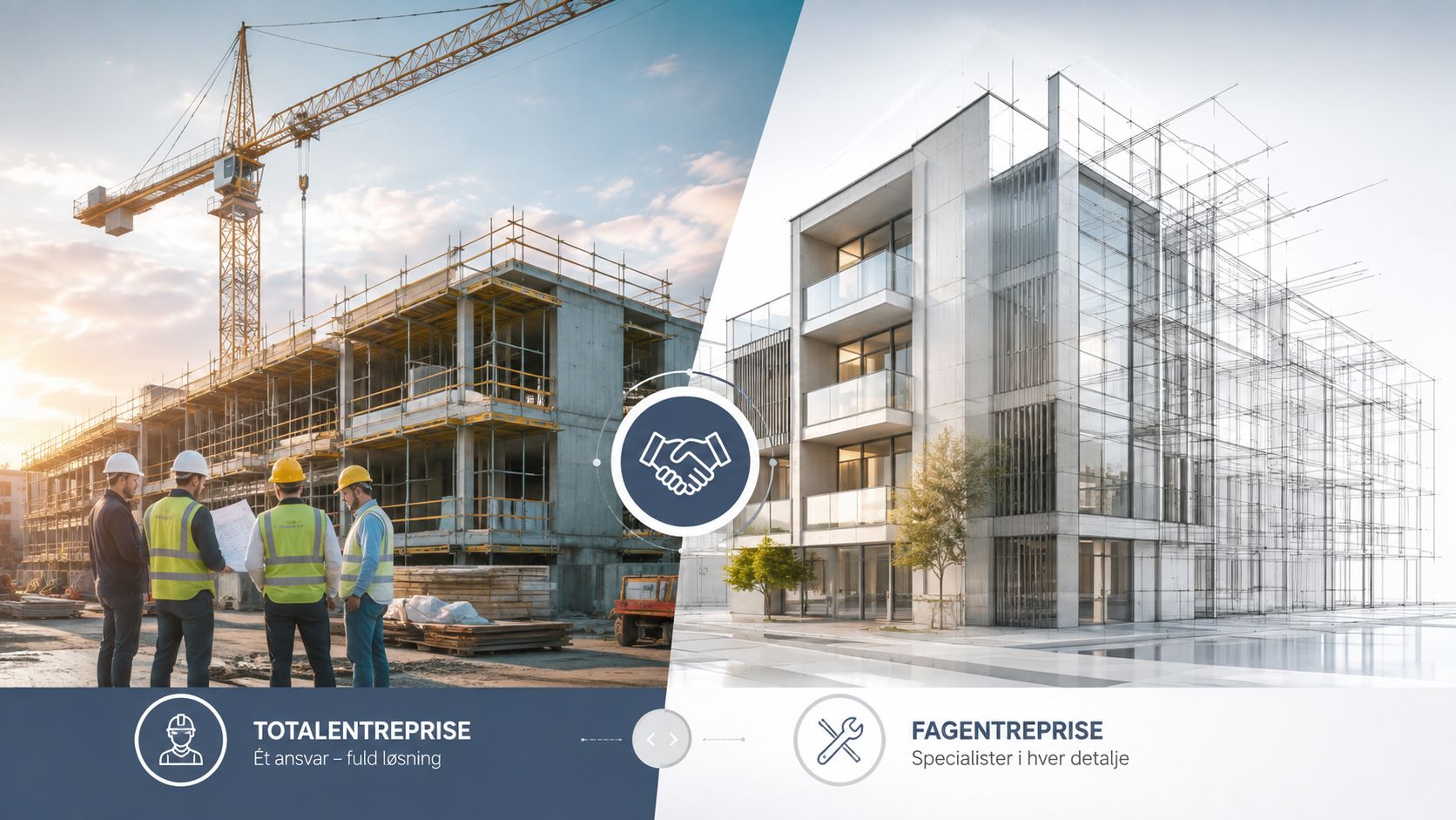 Sammenligning mellem totalentreprise og fagentreprise til byggeprojekter med fokus på helhed og specialiseret håndværk.