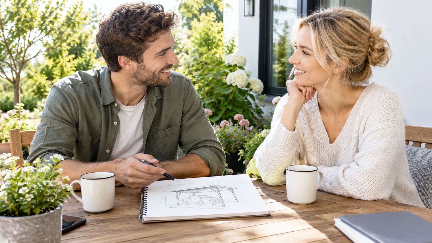 Et ungt par sidder ved et havebord og diskuterer en skitse af en carport tegnet i en blok.