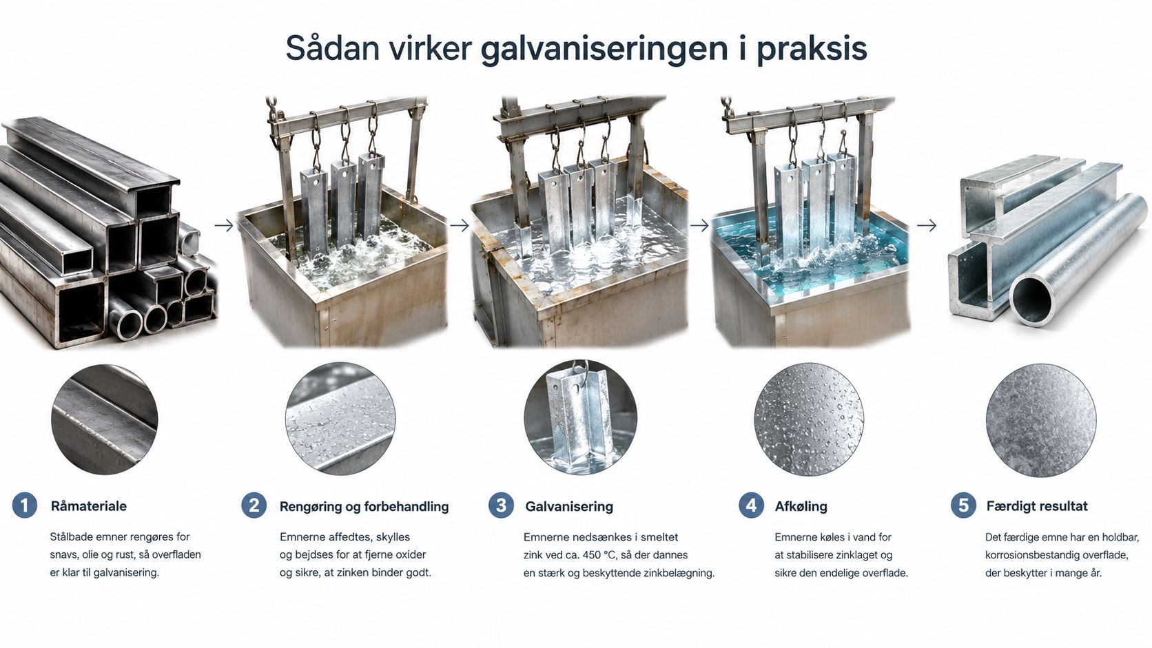 En oversigt over den fem-trins proces for varmforzinkning af stålmaterialer til langvarig rustbeskyttelse og holdbarhed.