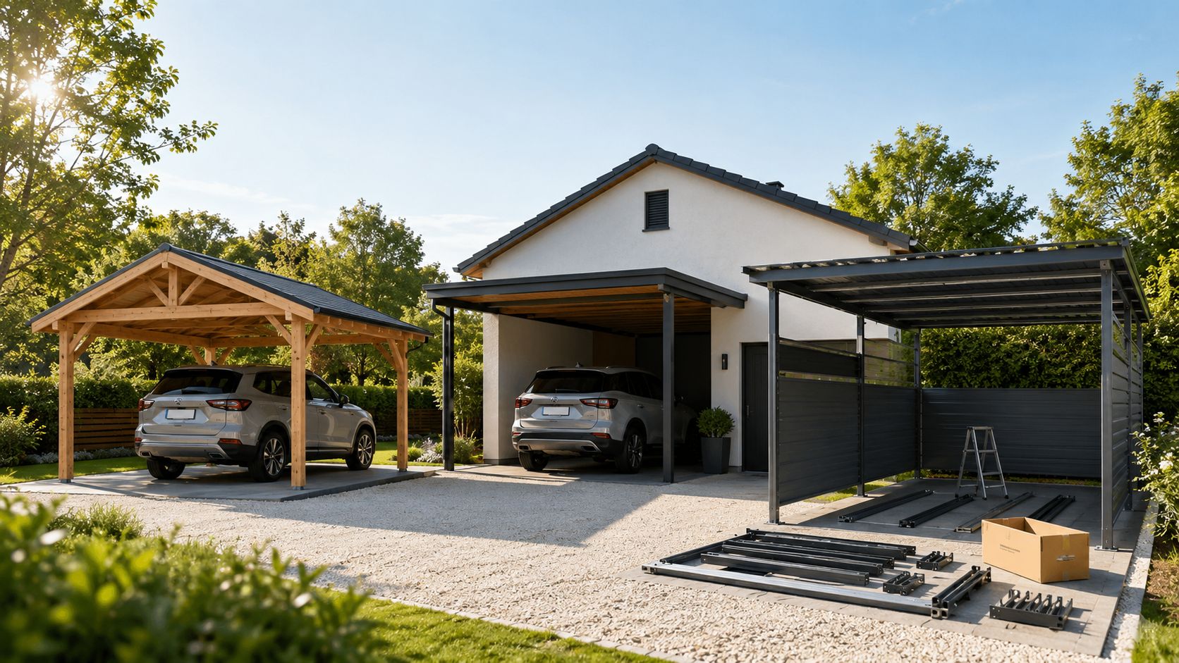 En moderne villa med en træcarport og en moderne metalcarport under opførelse på en grusindkørsel.