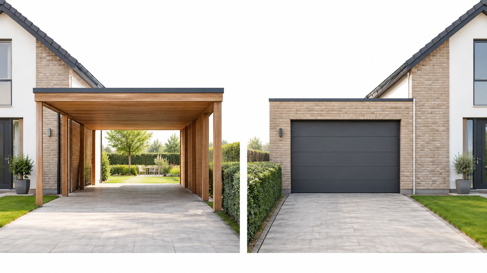 En sammenligning af en moderne carport i træ og en lukket garage ved siden af et hus.