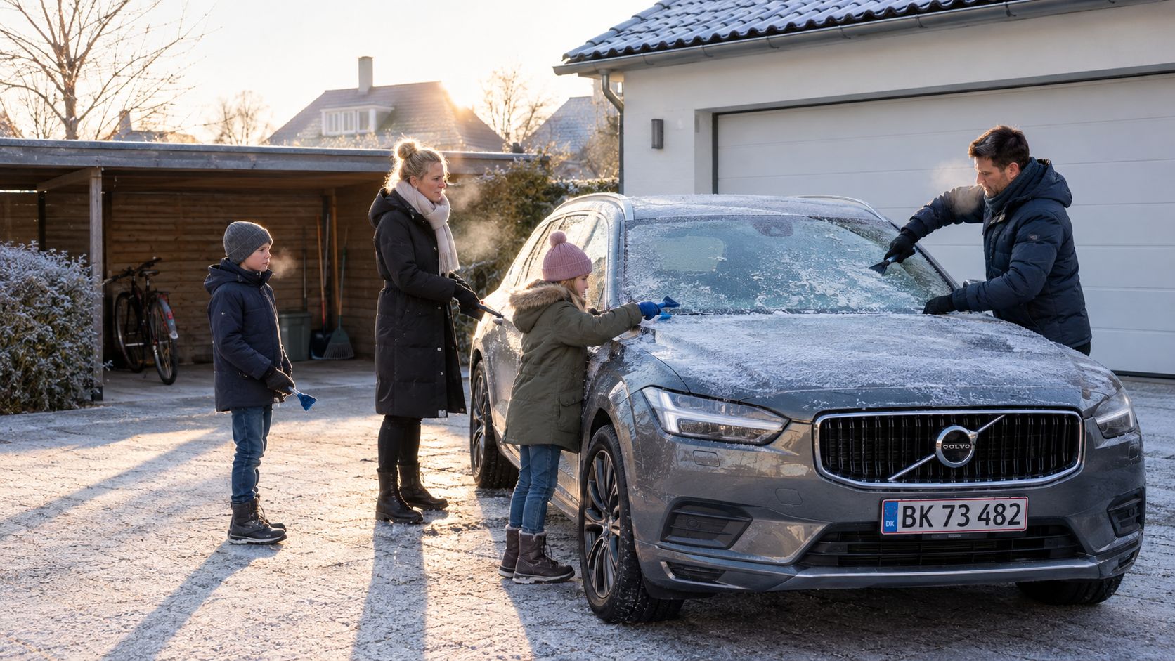 En familie på fire renser is og sne fra bilens forrude en kold vintermorgen foran en carport.