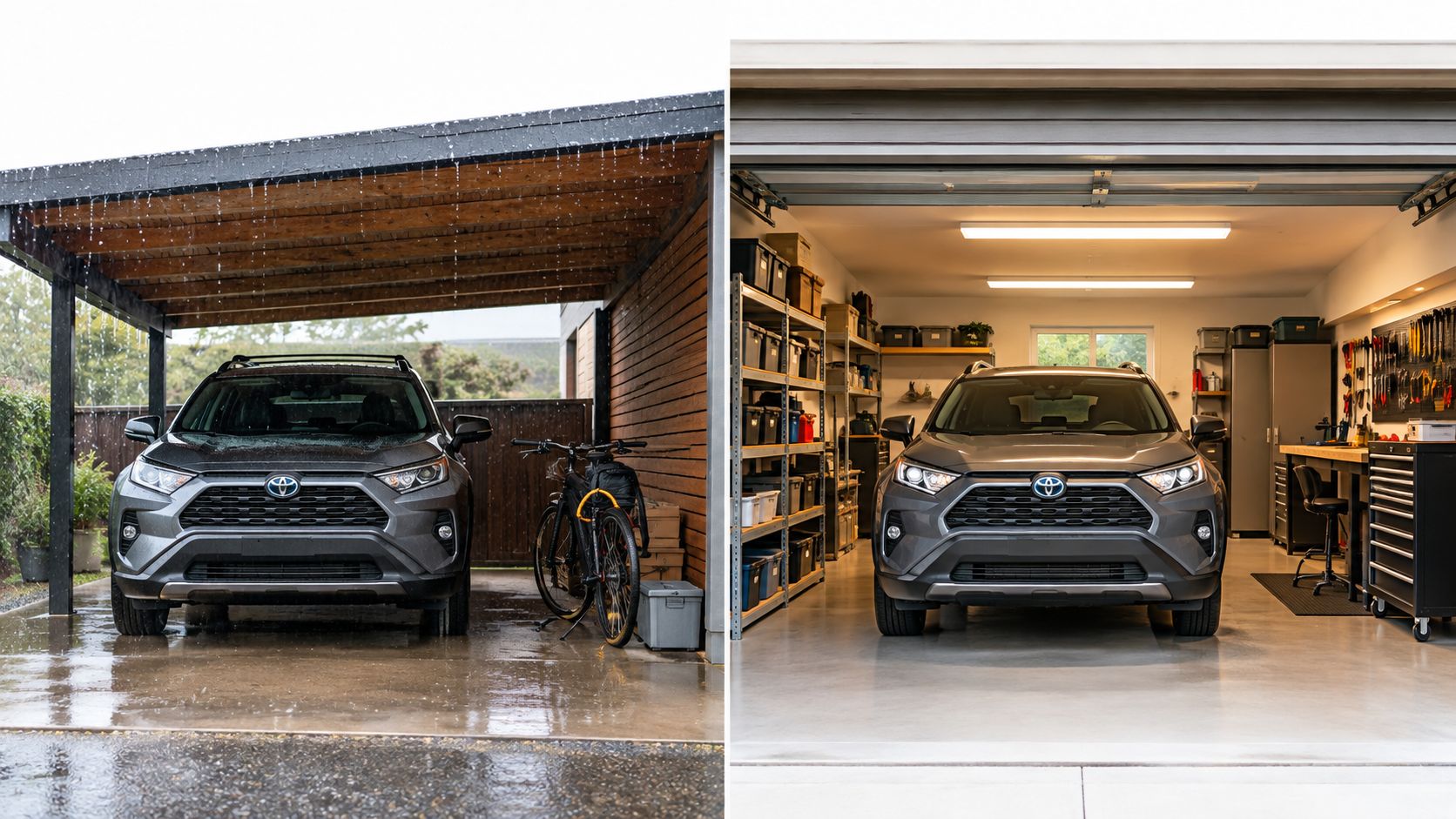 En sammenligning af en grå Toyota SUV parkeret under en udendørs carport og i en indendørs garage.
