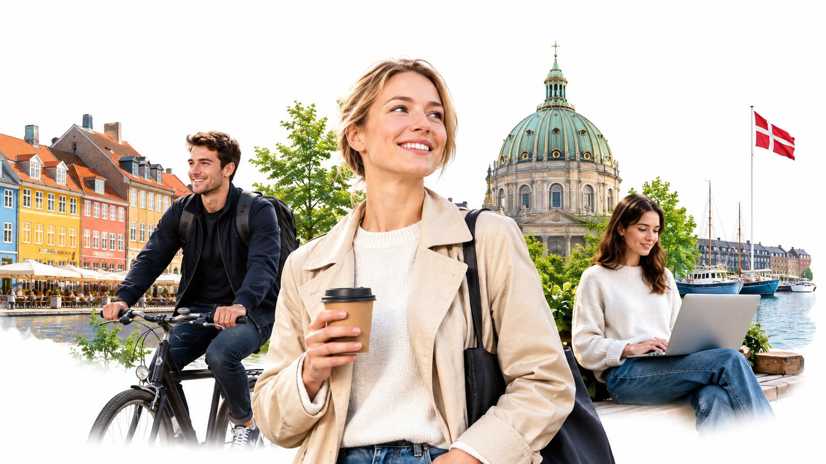 Tre glade unge voksne nyder en solskinsdag i København med cykling, kaffe og arbejde ved havnefronten.