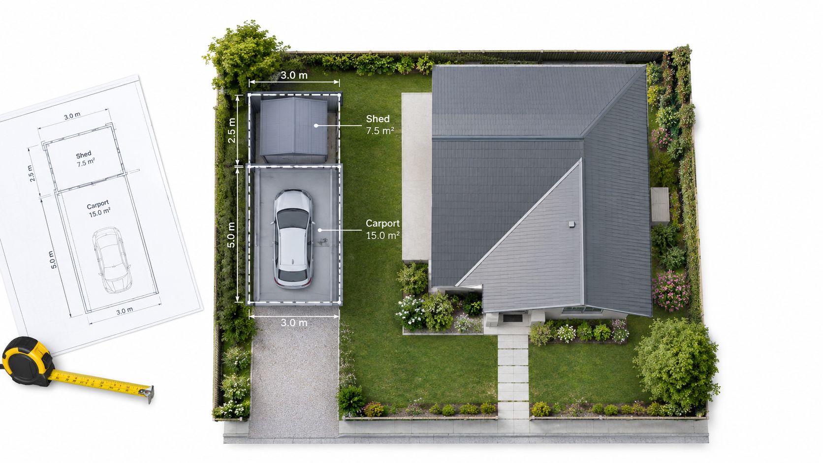 En plantegning og et overbliksbillede af en have med en carport og et tilhørende skur.