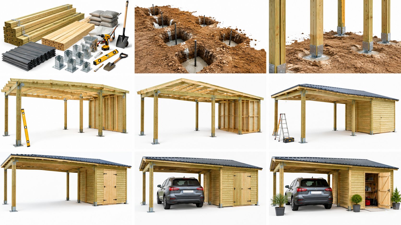 Trin-for-trin guide til opførelse af en carport med integreret skur til opbevaring af redskaber og bil.