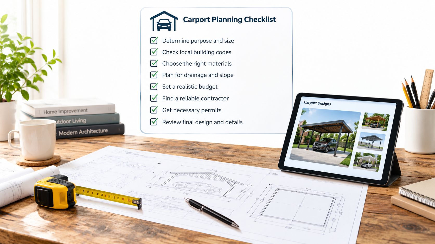 Skrivebord med plantegninger, en checkliste for carportplanlægning og en tablet der viser forskellige carport-designs.