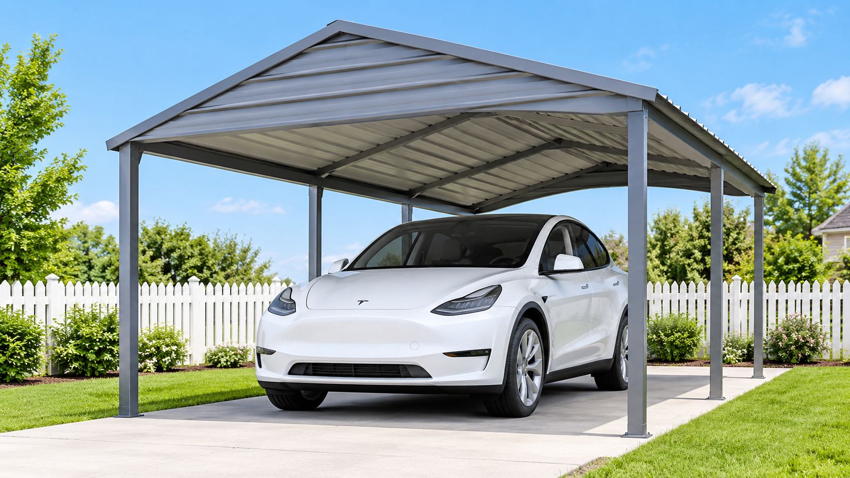 En hvid Tesla parkeret under en moderne overdækket carport på en solskinsdag med en hvid havehegn bagved.