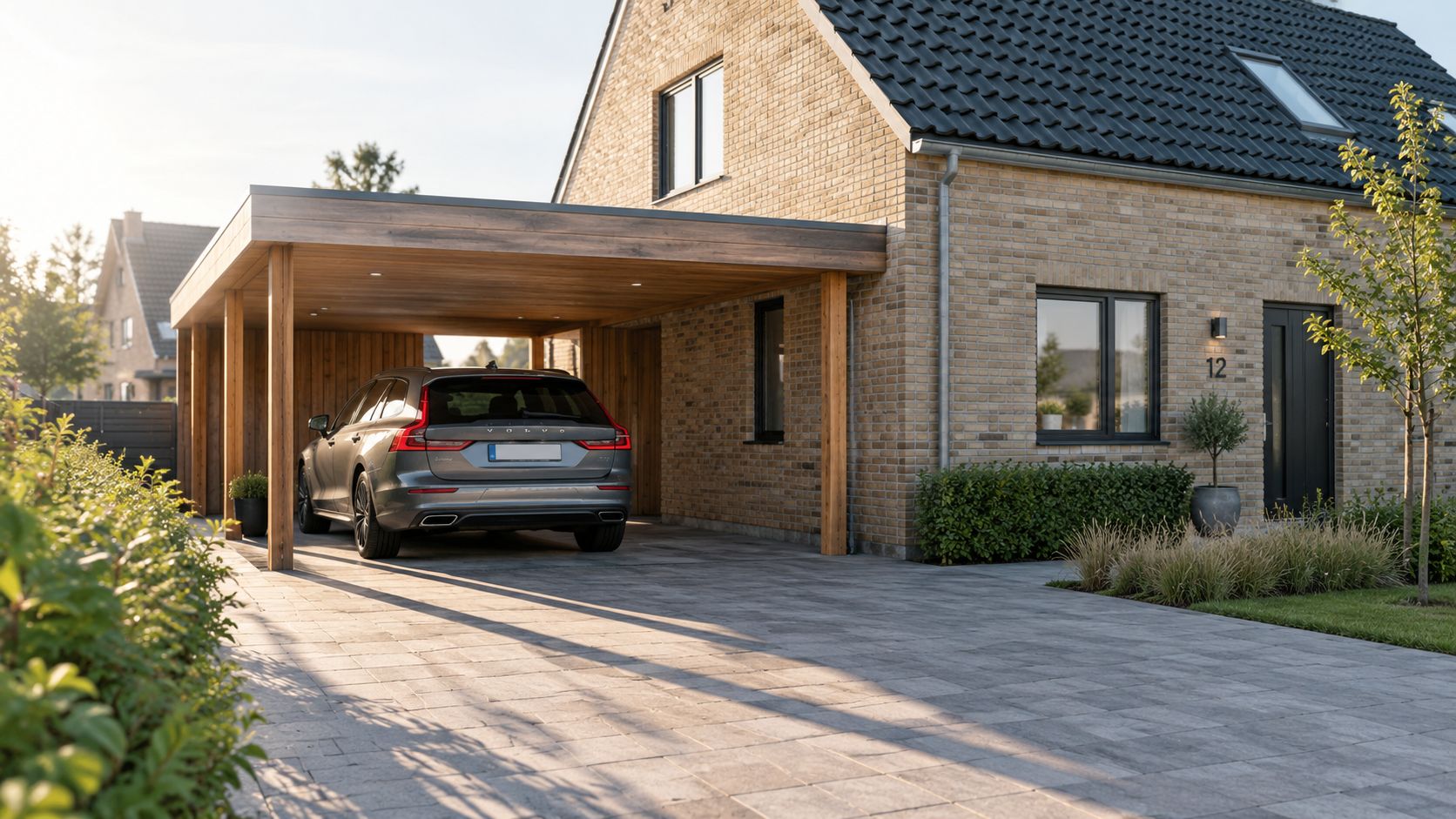 En moderne grå Volvo parkeret under en stilfuld træcarport ved siden af et flot murstenshus i Danmark.