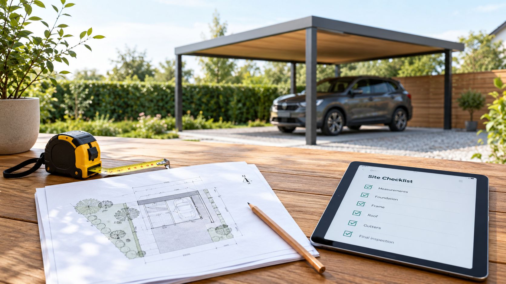 Et træbord med tegninger, en målebånd og en tablet med tjekliste til opførelse af en ny carport.