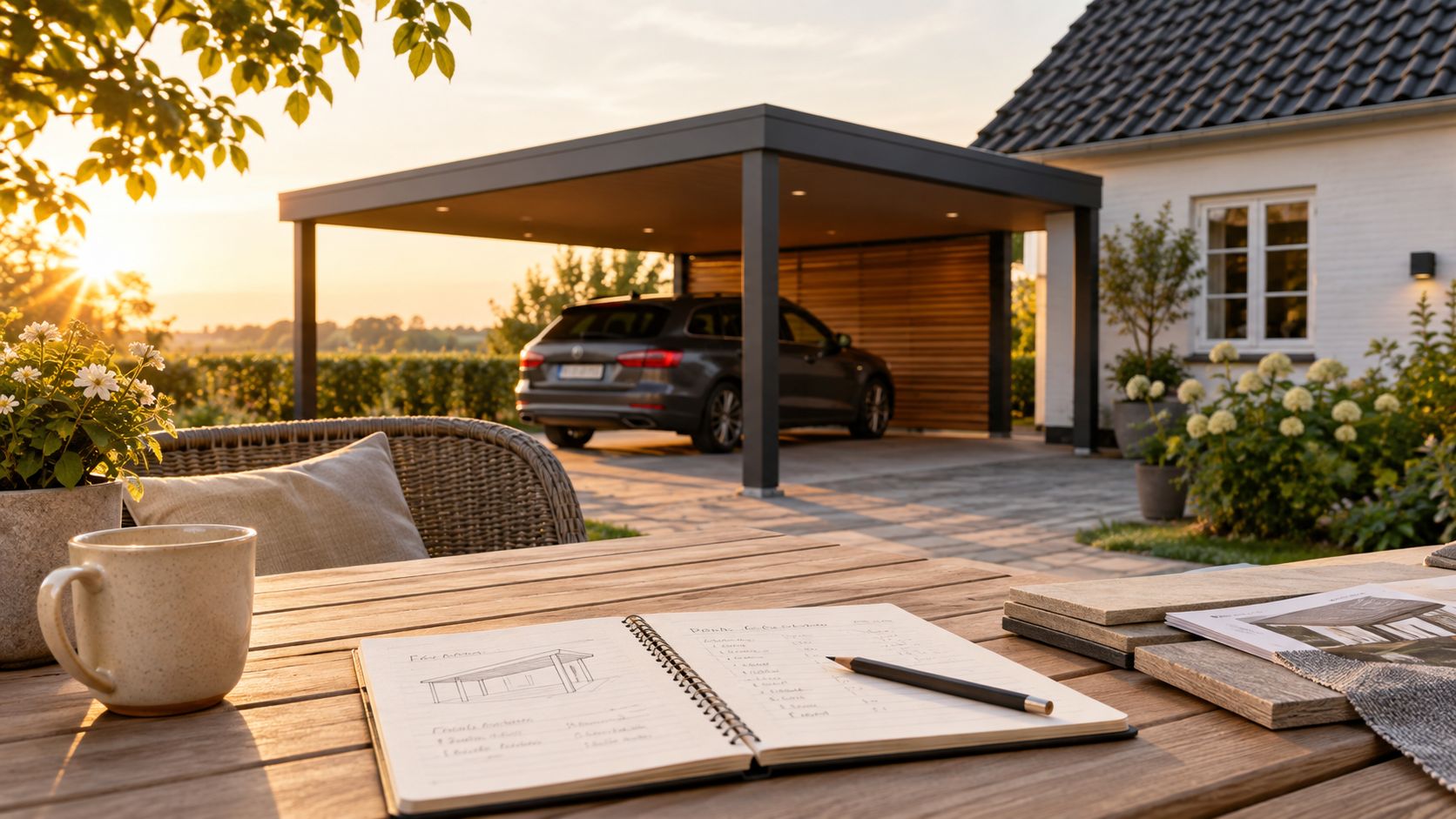 En solskinsdag ved et moderne carportbyggeri med en skitseblok og kaffekop placeret på et udendørs havebord.