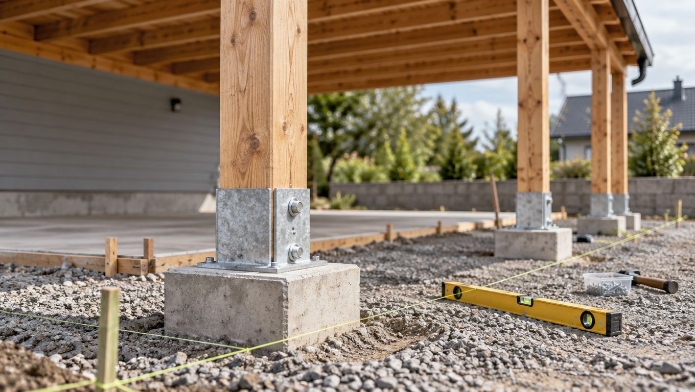 Træstolpe monteret på betonfundament under opførelsen af en overdækket carport på en byggegrund med grus.