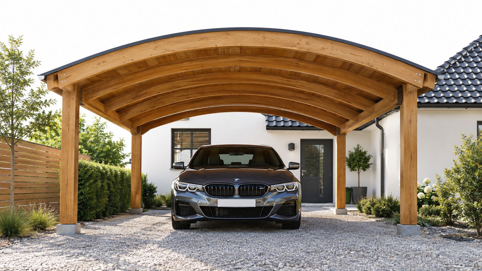 En moderne BMW bil parkeret under en elegant buet carport bygget i lyst træ ved et hus.