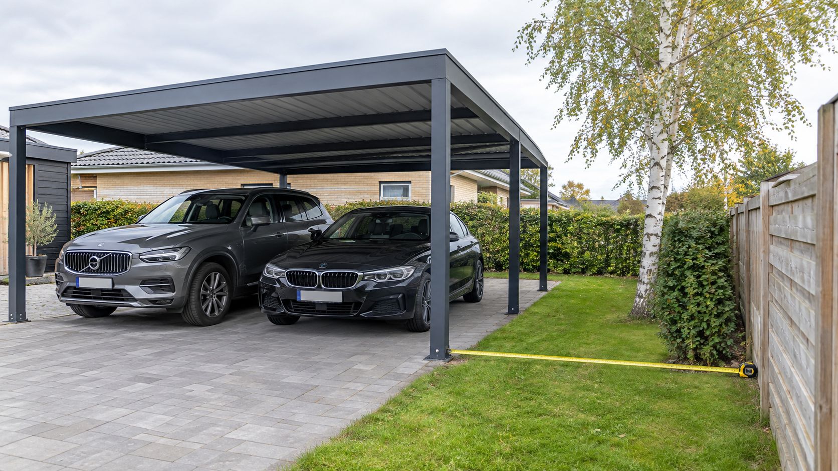Moderne dobbelt carport i stål med en grå Volvo SUV og en sort BMW parkeret under tag.