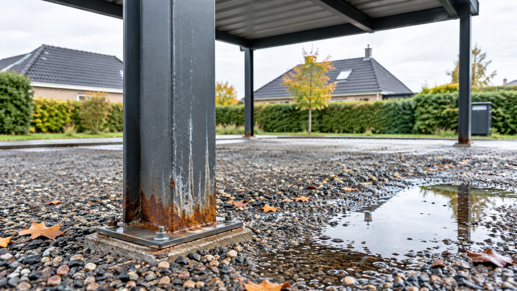 Rusten metalstolpe på en dobbelt stålcarport monteret på et betonfundament omgivet af grus og vandpytter.