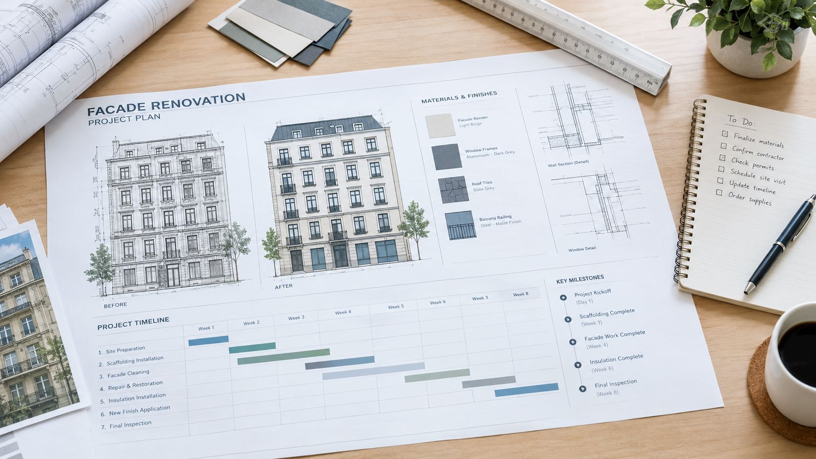 En detaljeret arkitekttegning af en facaderenovering med tidslinje, materialeprøver og en to-do-liste på et skrivebord.