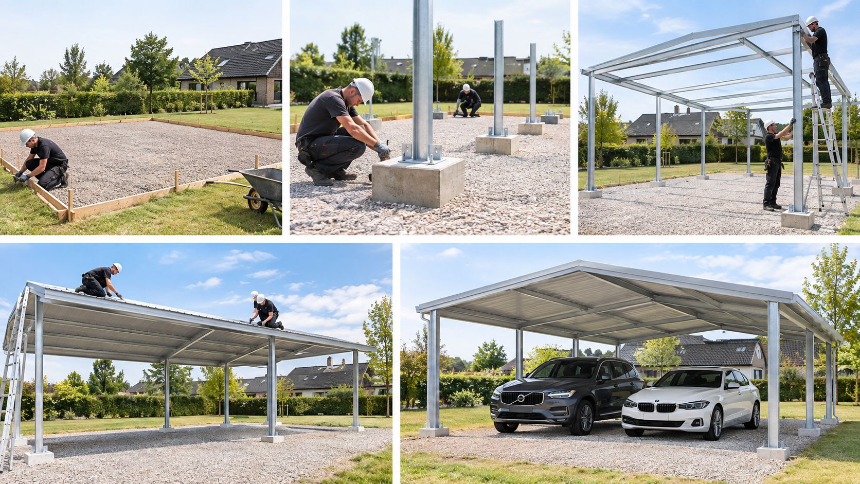 Arbejdere monterer og bygger en moderne carport af galvaniseret stål på en grund med grusbelægning.
