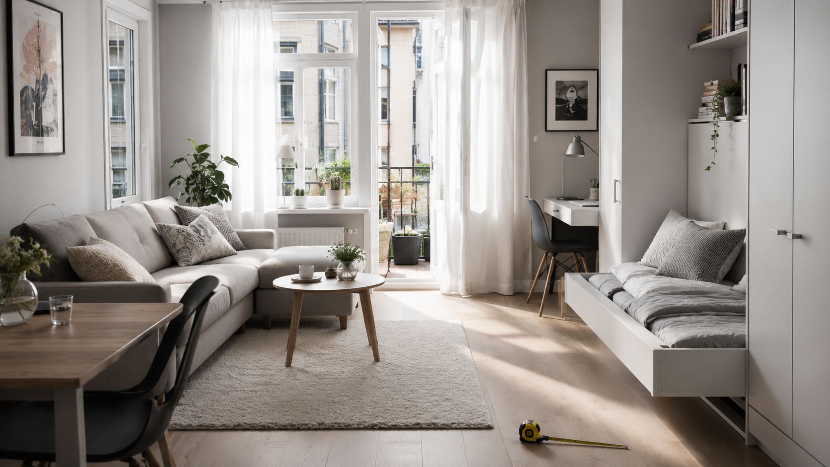 Moderne stue med en komfortabel sofa, et lille sofabord, en seng og en arbejdsstation i lyst design.