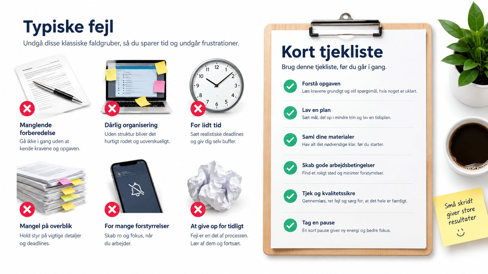 En grafisk oversigt over typiske fejl ved arbejde og en tjekliste til at forbedre produktiviteten.