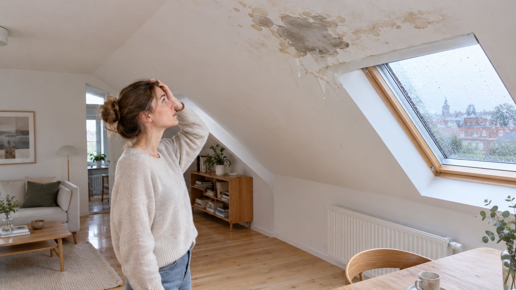 Bekymret kvinde kigger op på en fugtskade i loftet ved et tagvindue i en moderne lejlighed