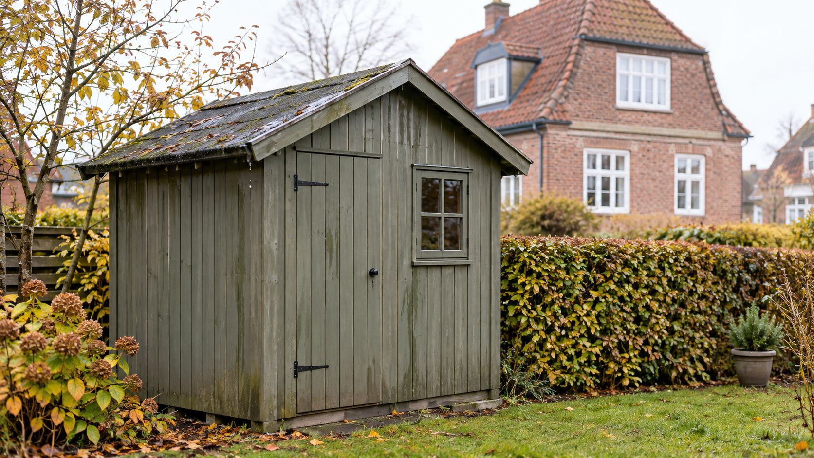 Et lille grønt træskur med et slidt tag placeret i en have foran et rødt murstenshus.