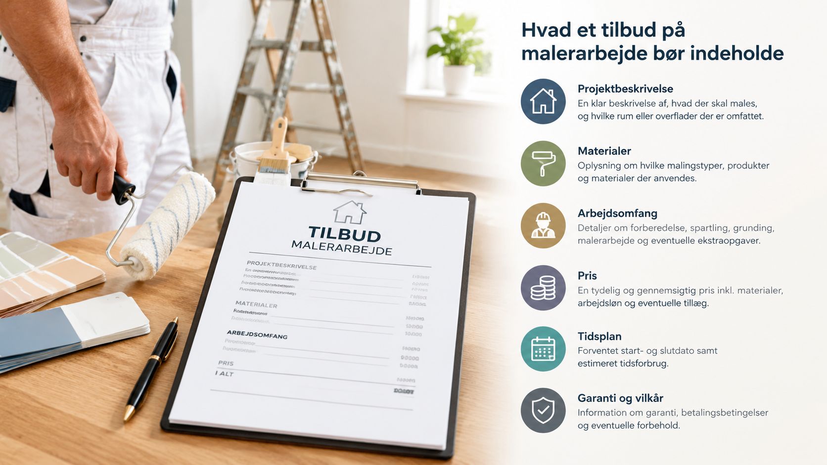 En oversigt over hvad et professionelt malertilbud bør indeholde, illustreret med en maler der gør et tilbud klart.