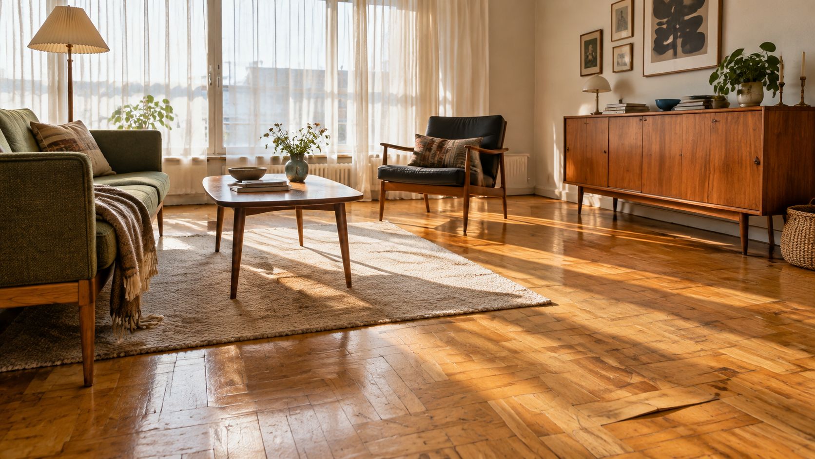 En stue med smukt sildebensparketgulv, grøn sofa, lænestol og vintage træmøbler i en lys, solbeskinnet lejlighed.